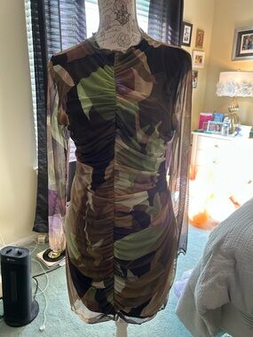 Desigual Ruched Sheer Long-sleeve mesh dress